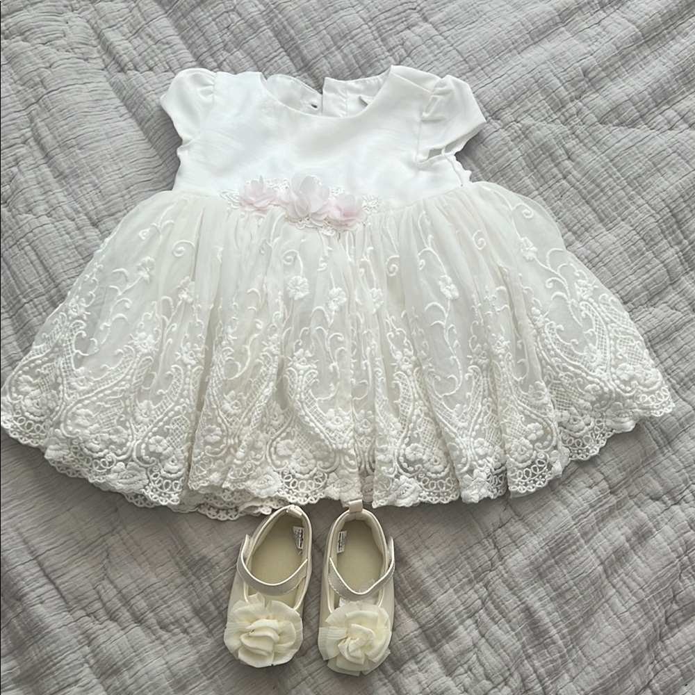 Elegant White Dress And Shoes with Bow Detail